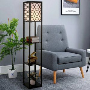 Modern Shelf Floor Lamp Light with 4-tier Open Shelves Wooden